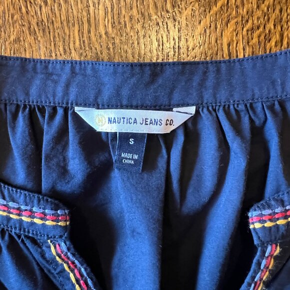NAUTICA JEANS CO. Embroidered, Navy Blue, Peasant Top, Blouse Sz Small, S NWT - Picture 10 of 12